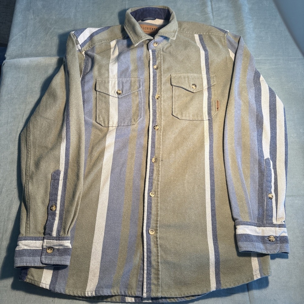 Levitate Mens Flannel Shirt Medium Green Blue Striped Sustainable Cotton Blend